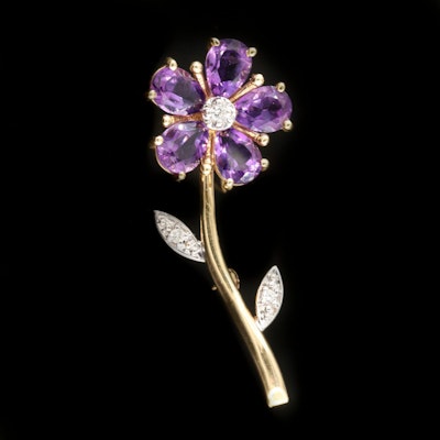 14K Amethyst and Diamond Flower Brooch