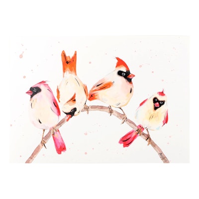 Anne Gorywine Watercolor Painting of a Cardinals on a Tree Branch,  2019