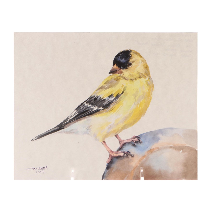 Ganna Melnychenko Watercolor Painting "American Goldfinch Portrait," 2021