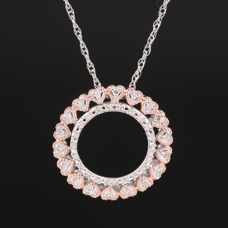 Sterling Diamond Heart Eternity Circle Slide Pendant Necklace