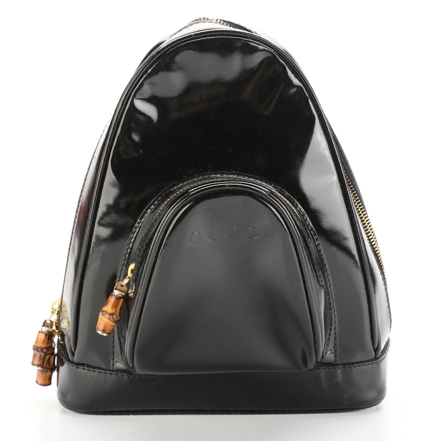 Gucci Small Backpack in Black Patent Leather with Bamboo Zipper Pulls