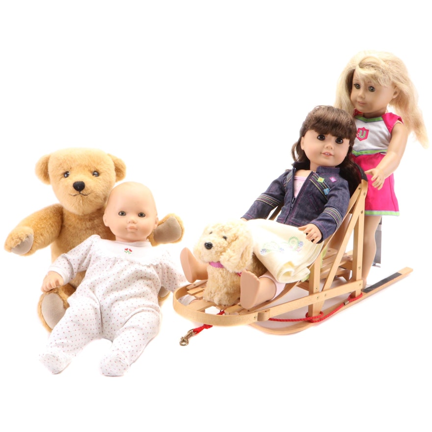 American Girl Doll and Pleasant Company Dolls with Stuffed Bear and Sled