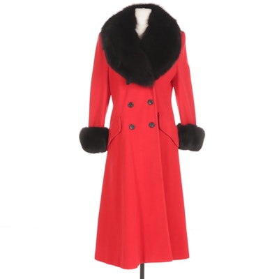 Louis Féraud Red Wool Double-Breasted Coat with Fox Fur Trim