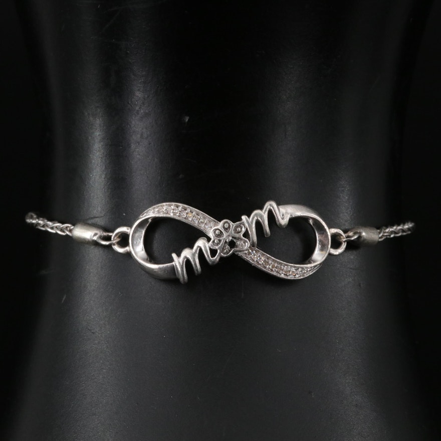 Sterling Diamond "Mom" Paw Print Infinity Bolo Bracelet