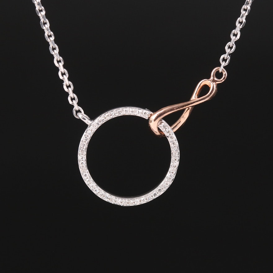 Sterling Diamond Infinity and Circle Necklace with 10K Rose Gold Accent