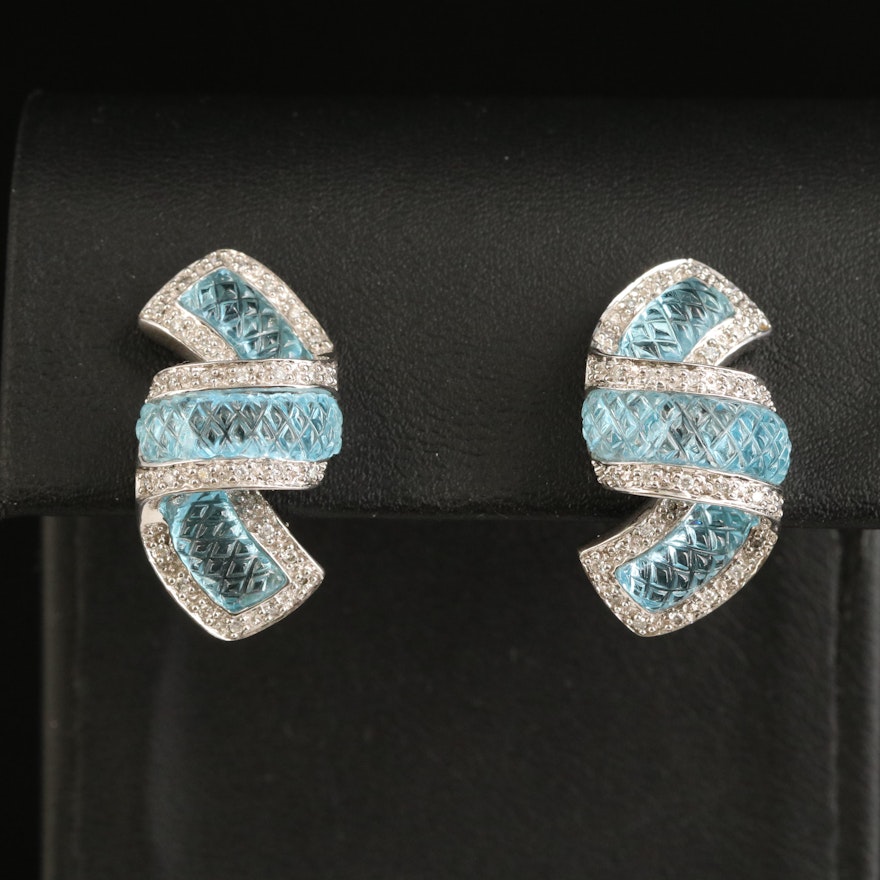 14K Swiss Blue Topaz and Diamond Ribbon Earrings
