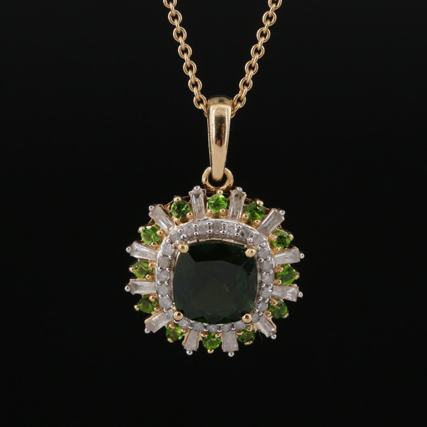 Sterling Diopside and Diamond Pendant Necklace