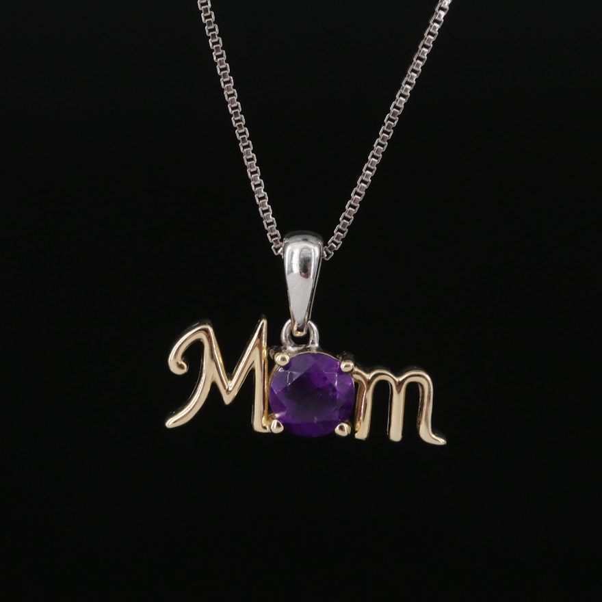 Sterling Amethyst Mom Pendant Necklace with 10K Accent