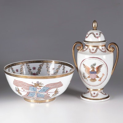 Andrea by Sadek Patriotic Eagle Motif Porcelain Urn and Decorative Bowl