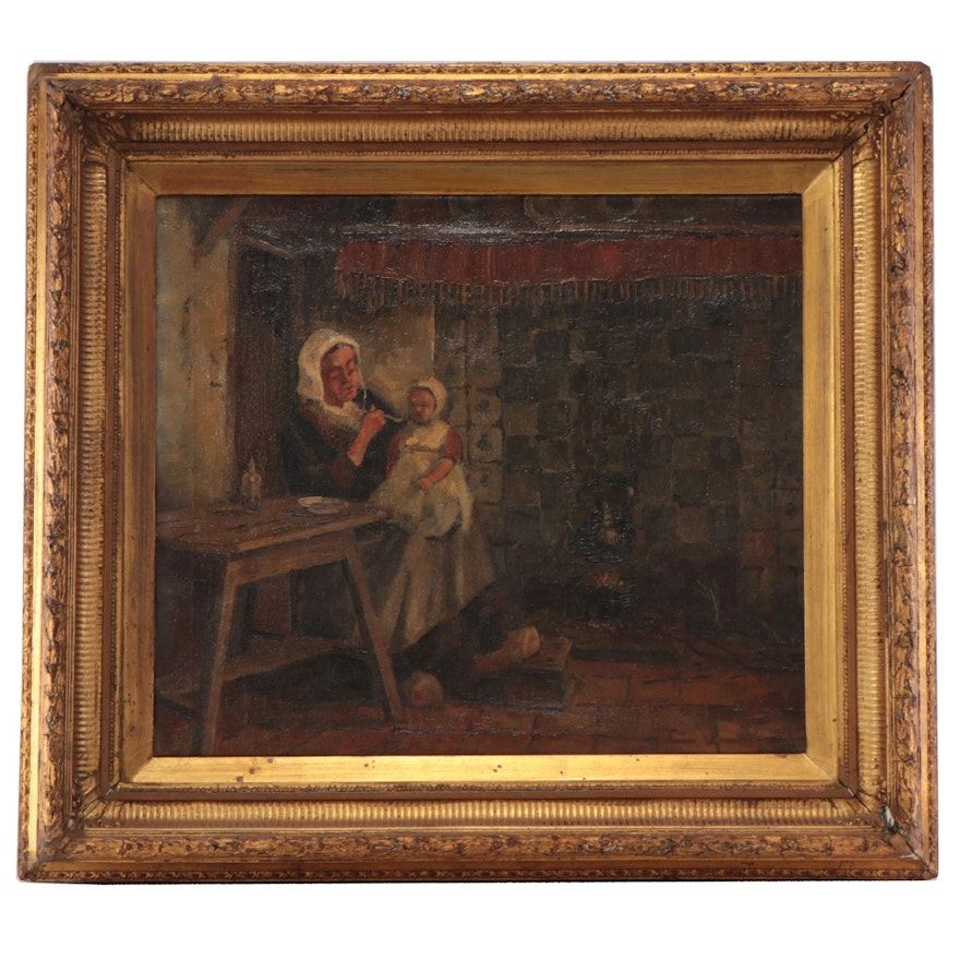 Oil Painting of Mother and Child, Mid to Late 19th Century