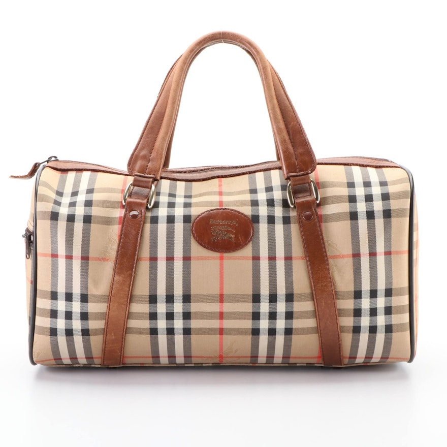 Burberrys "Haymarket Check" Canvas and Tan Leather Boston Bag