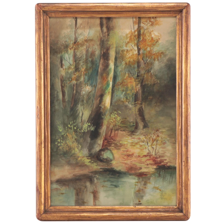 Watercolor Painting of Scenic Forest, Mid to Late 20th Century