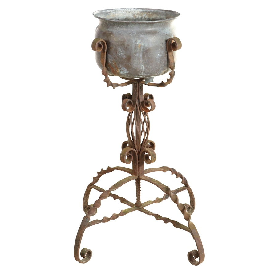 Wrought Iron Plant Stand Plus Brass Basin, Late 19th/Early 20th Century
