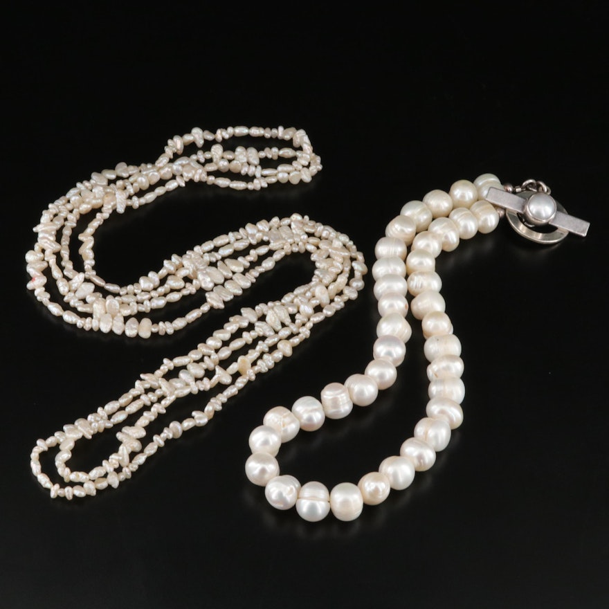 Rope Length Pearl Necklace and Single Strand Pearl Necklace with Sterling Clasp