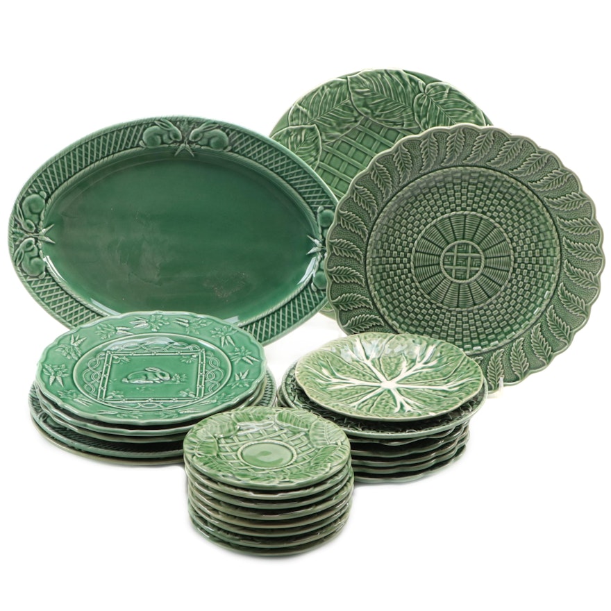 Bordallo Pinheiro Majolica Pottery "Cabbage", "Rabbit" and Other Green Tableware