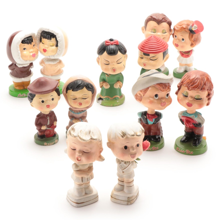 Enesco, Lego, and Other Pairs of Composite Kissing Nodders, Mid-20th Century