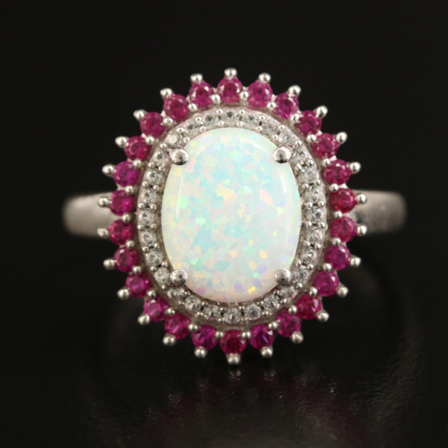 Sterling Opal, Ruby and Sapphire Ring