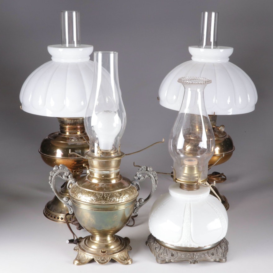 Rayo and Other Brass and Glass Oil Lamps, Late 19th C, Adapted Mid-20th Century