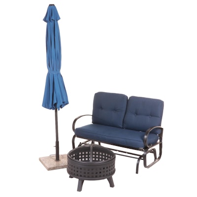 U-Lax Patio Glider Settee with Fire Pit and Umbrella on Granite Base