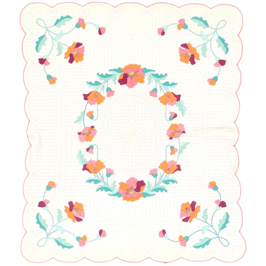 Handmade Anemone Flower Appliqué Cotton Quilt, Mid to Late 20th Century