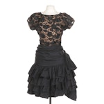Paul-Louis Orrier Black Lace Rosette and Tiered Ruffle Cocktail Dress