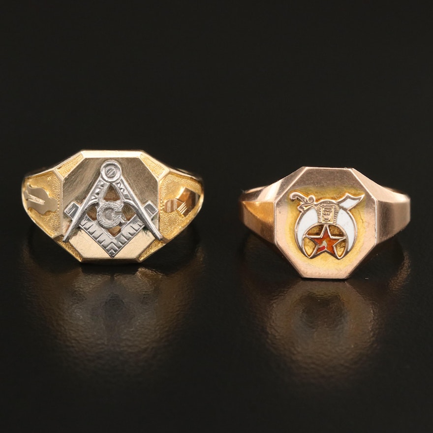 Ostby and Barton 10K Enamel Shriners and Mason Rings with Palladium Accents