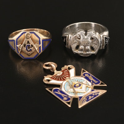 10K Masonic Ring and Pendant with Sterling Scottish Rite Double Head Eagle Ring