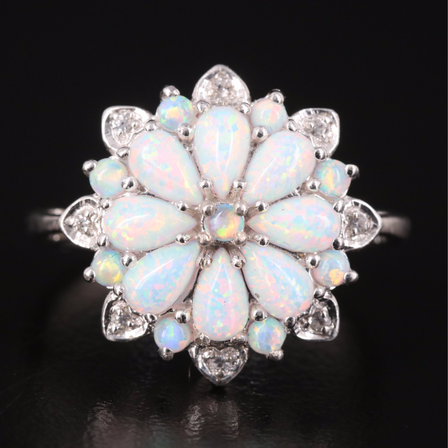 Sterling Opal and Sapphire Flower Ring