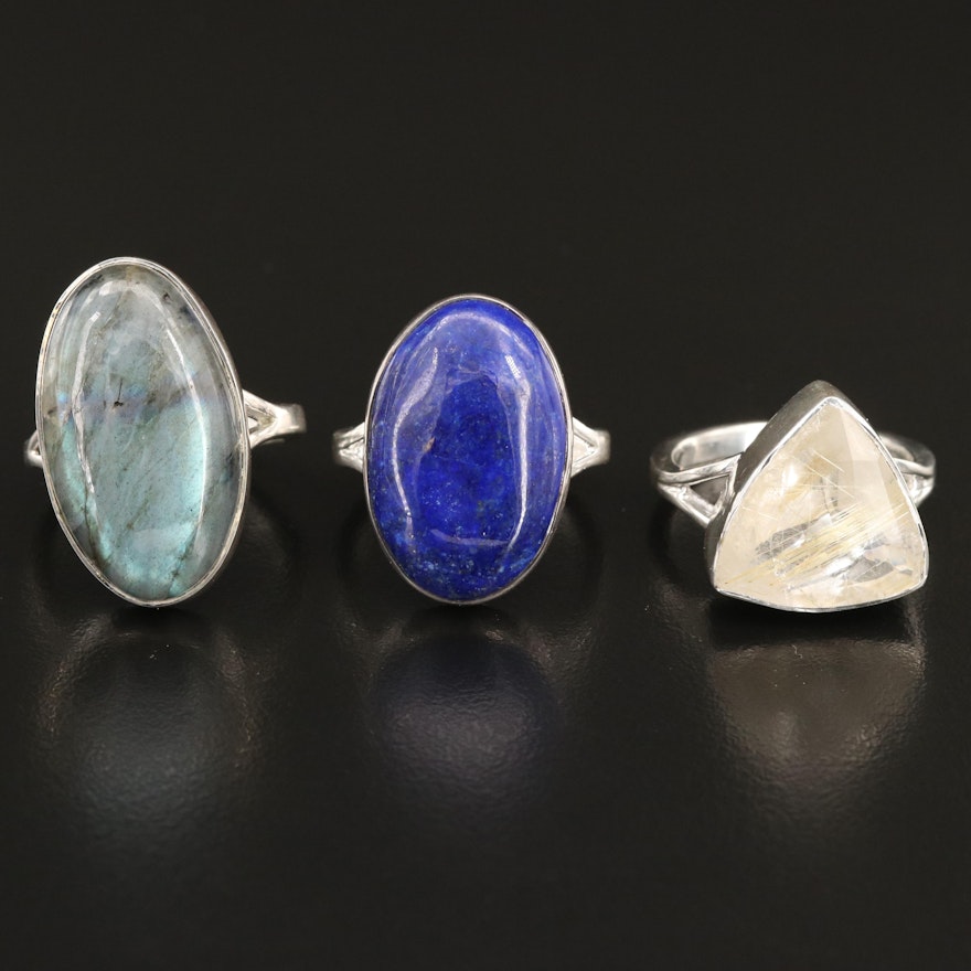 Sterling Rings Including Rutilated Quartz, Labradorite and Lapis Lazuli