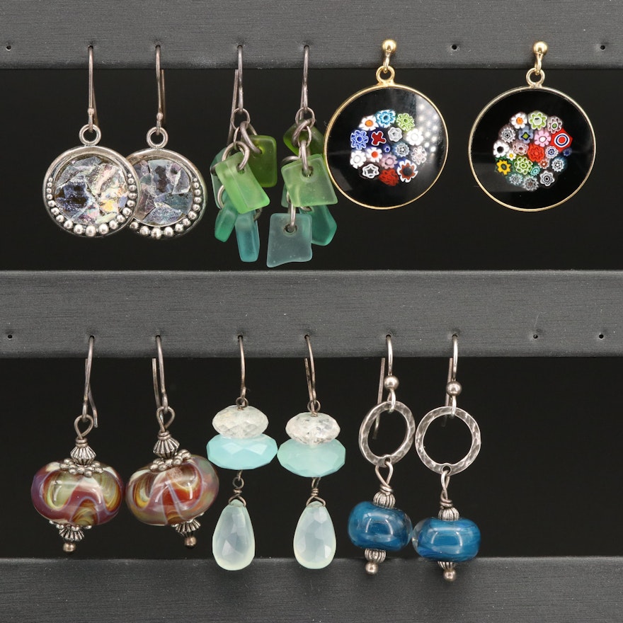Sterling Earrings Including Millefiori Glass, Chaledony and Quartz