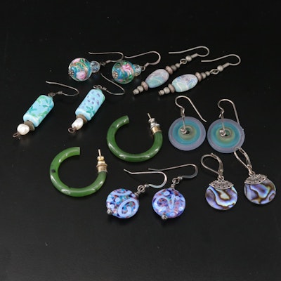 Sterling Earring Selection Nephrite, Pearl and Glass
