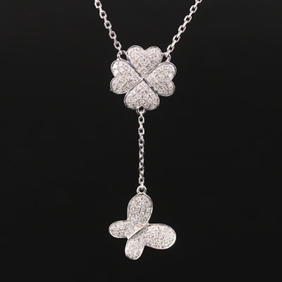14K 0.51 CTW Diamond Lavalier Four Leaf Clover and Butterfly Necklace