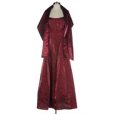 Niki by Niki Livas Iridescent Burgundy Beaded Evening Gown with Shoulder Wrap