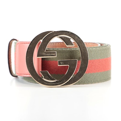 Gucci Web Stripe Canvas and Leather Belt with Interlocking GG Buckle