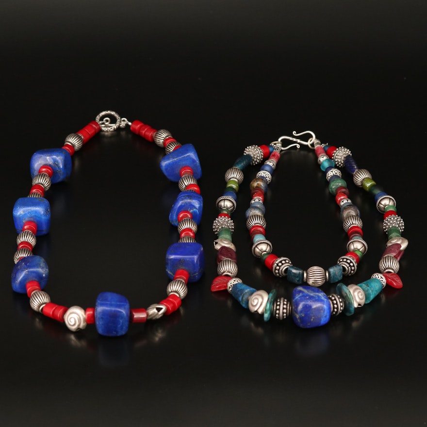 Sterling Necklaces Including Coral, Lapis Lazuli and Glass