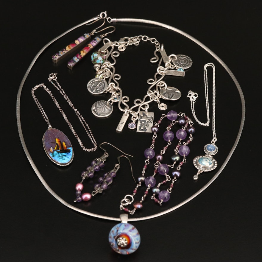 Sterling Grouping Including Glass, Amethyst and Pearl