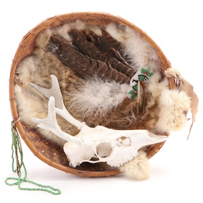 Native American Basket with Deer Skull, Rabbit Fur, Turkey Feathers Wall Decor