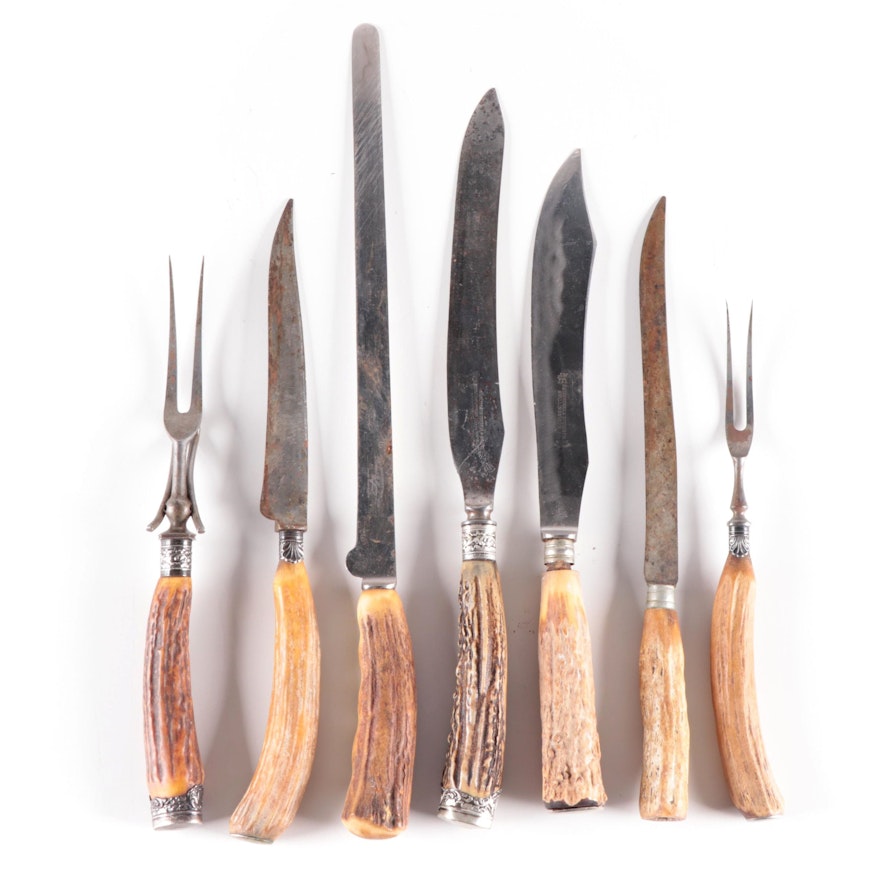 Antler Handled Carving Sets with Sterling and Silver Bolsters