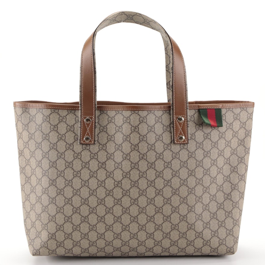 Gucci Tote Bag in GG Supreme Canvas and Brown Leather Trim
