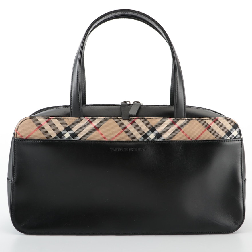 Burberry East-West Handbag in Black Leather and "Nova Check" Plaid Twill