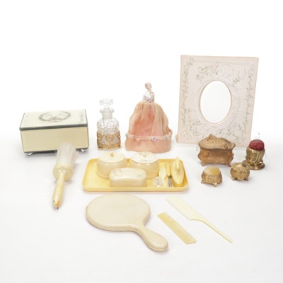 Vanity Set, Jewelry Caskets, German Porcelain Half Doll, Perfume Bottle, More