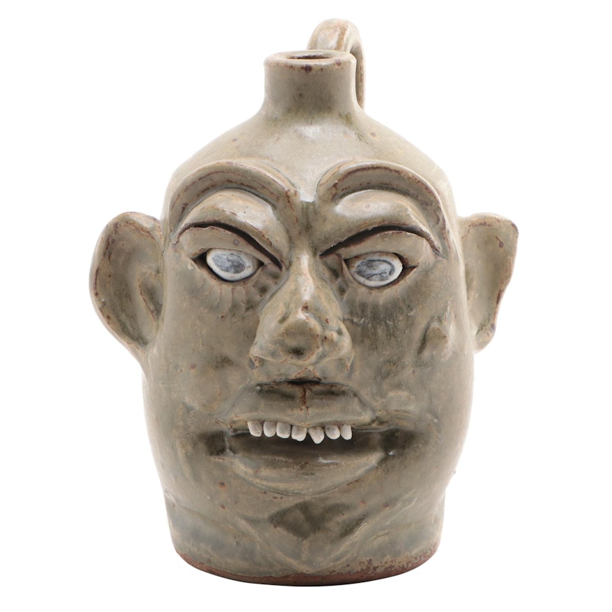 Sam Mann Folk Art Ceramic Face Jug, Late 20th Century