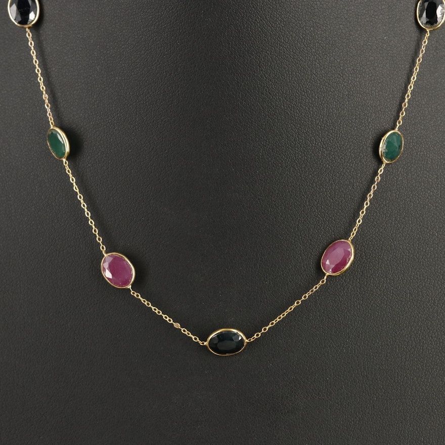 14K Sapphire, Ruby and Emerald Station Necklace