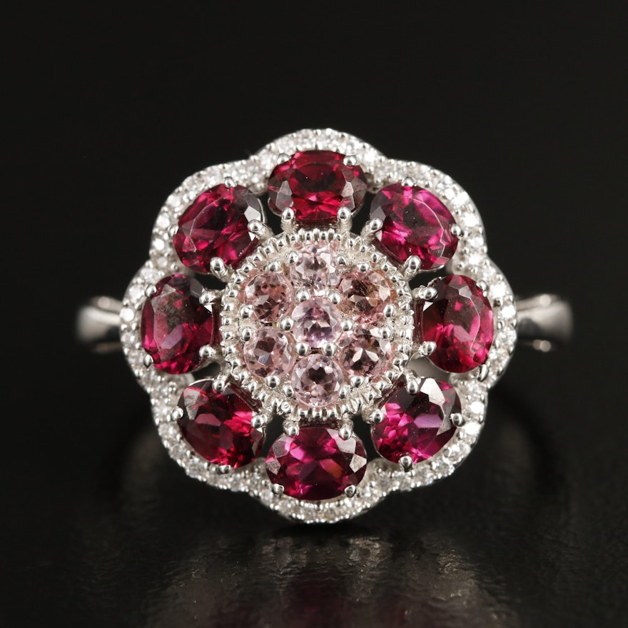 Sterling Garnet, Tourmaline and Cubic Zirconia Scalloped Ring