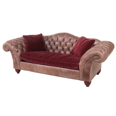William Alan Button-Tufted Leather and Velour Roll-Arm Sofa