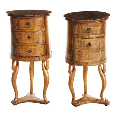Pair of French Inlaid Walnut Three-Drawer Tables, 19th Century