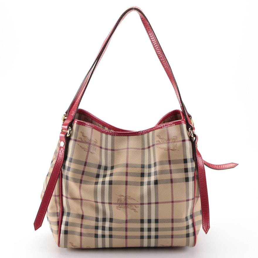 Burberry Tote Bag and Pouch in "Haymarket Check" Canvas and Red Patent Leather