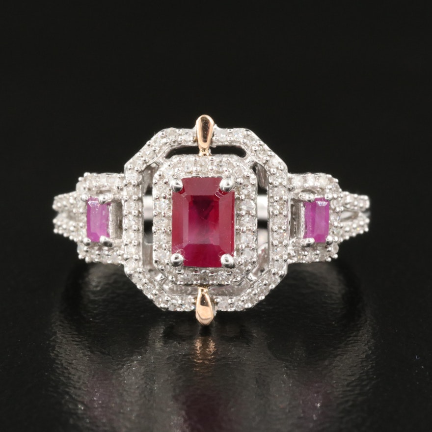 Sterling Ruby and Diamond Halo Ring with 10K Accents
