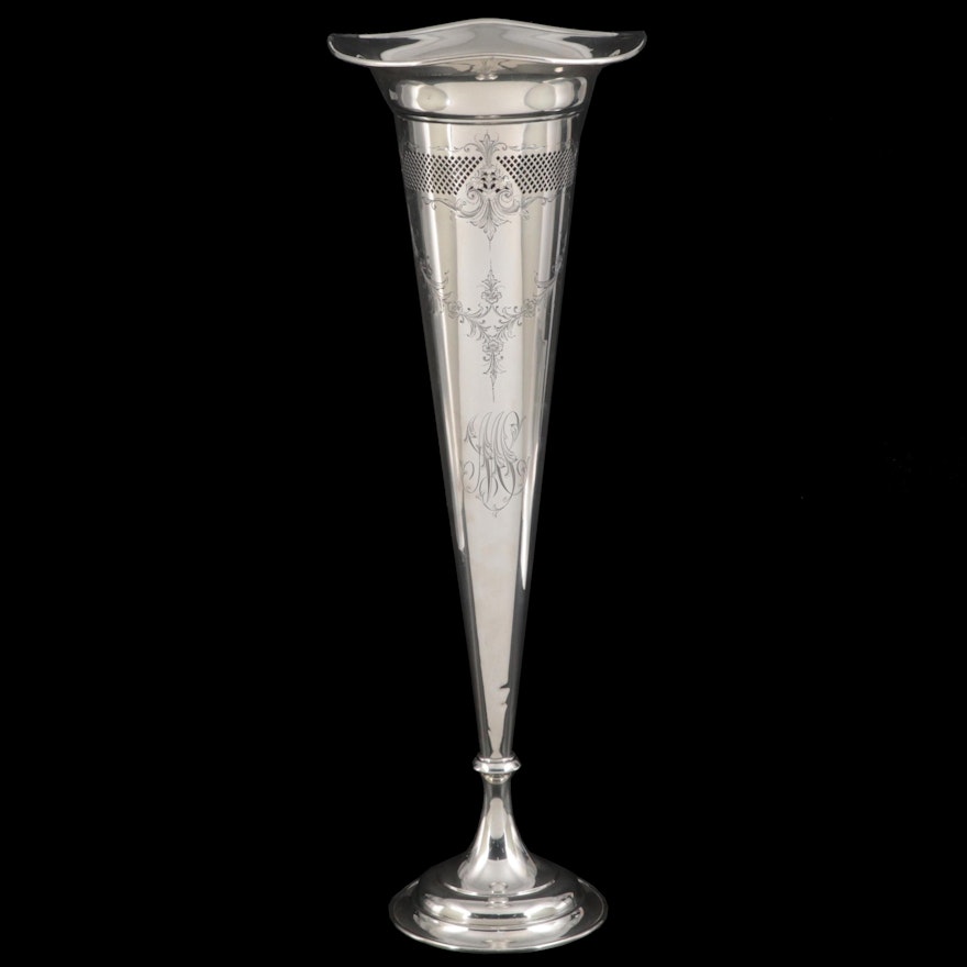 George A. Henckel & Co. Pierced and Chased Sterling Silver Trumpet Vase