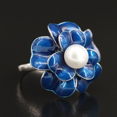 Sterling Pearl and Enamel Flower Ring